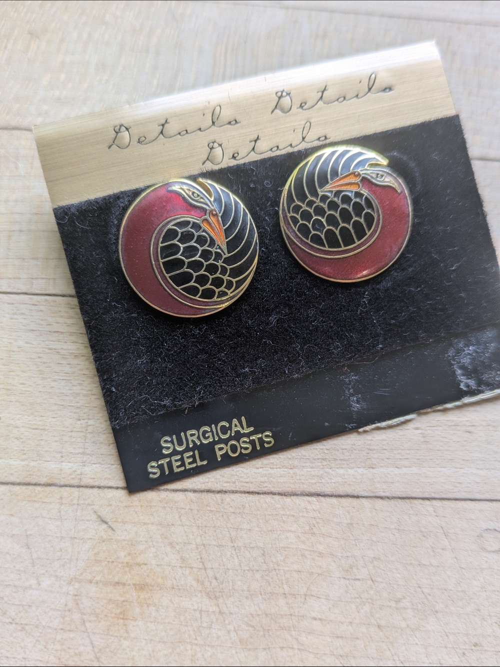 Laurel Burch Red, Black, Gold Tone Cloisonne Mynah Bird Round Stud Earrings